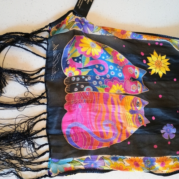 Laurel Burch Fringed Silk Scarf, Black/Bright Multi with Humorous Cat Designs - Picture 6 of 10